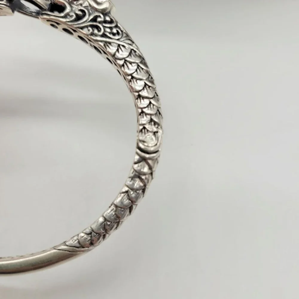 Sterling Silver Dragon Head Bangle Bracelet - Silver